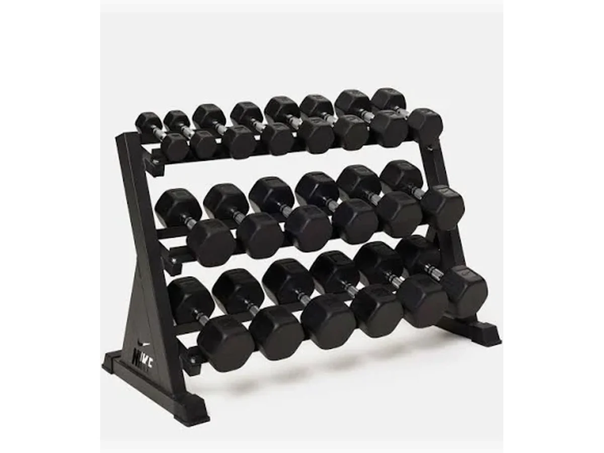 Manufacturer reference photo of a three-tier dumbbell rack loaded with a full set of hex dumbbells.