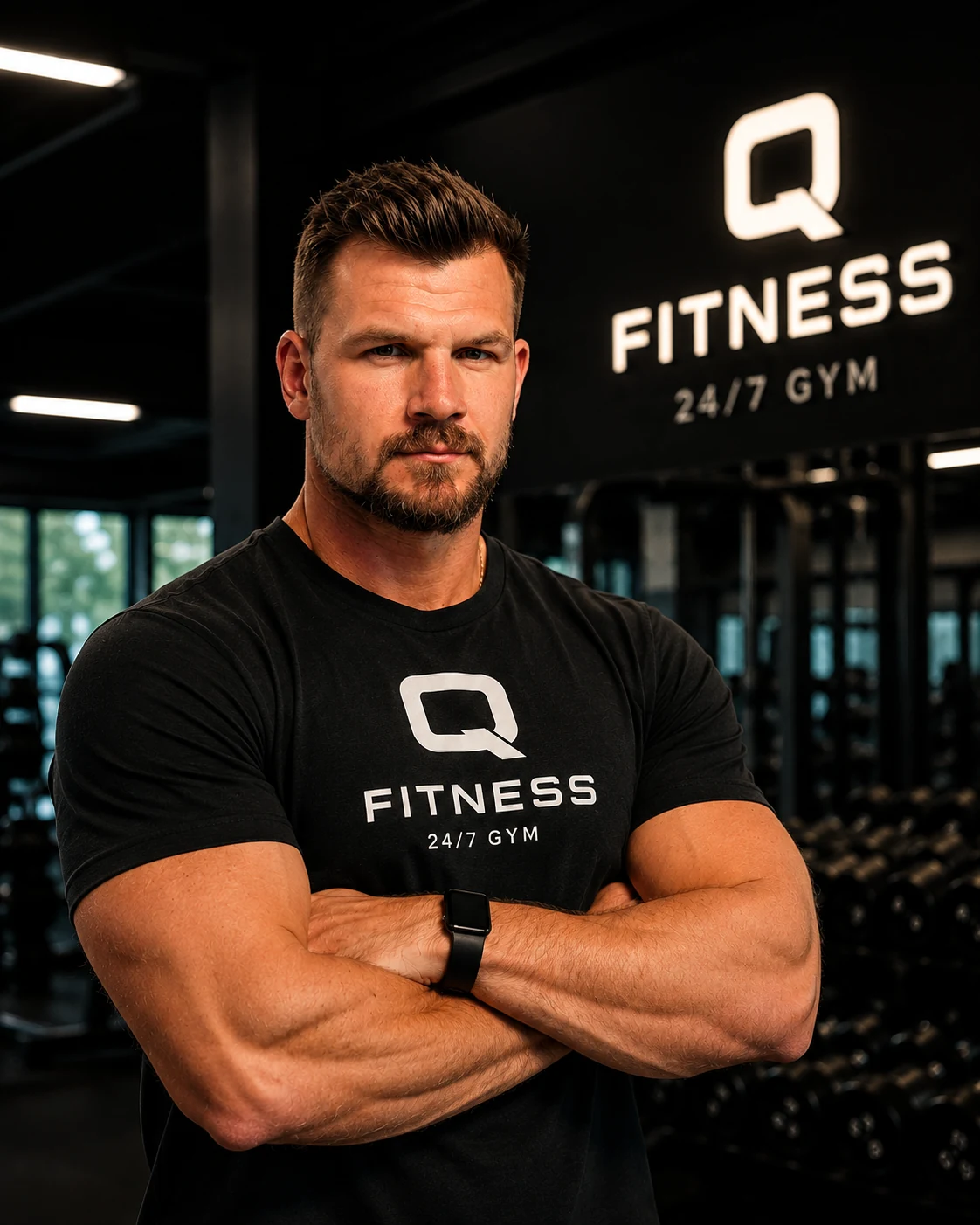Kelvin Whelly, Q Fitness co-founder, arms crossed in the gym.