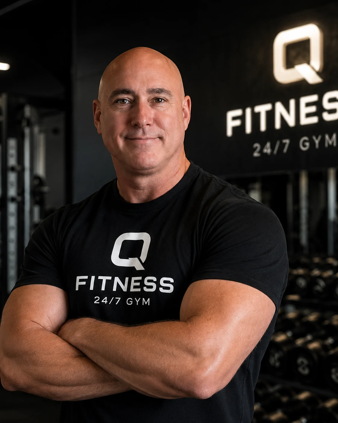 Michael Quarto, Q Fitness co-founder, arms crossed in the gym.