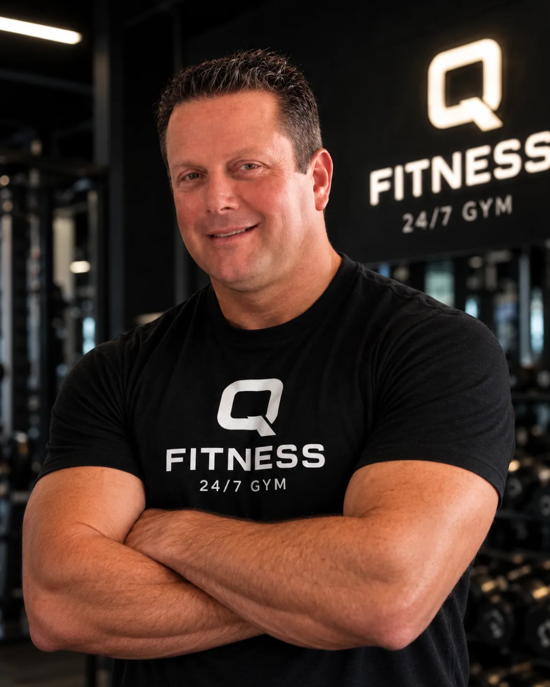 Tige Magana, Q Fitness co-founder, arms crossed in the gym.