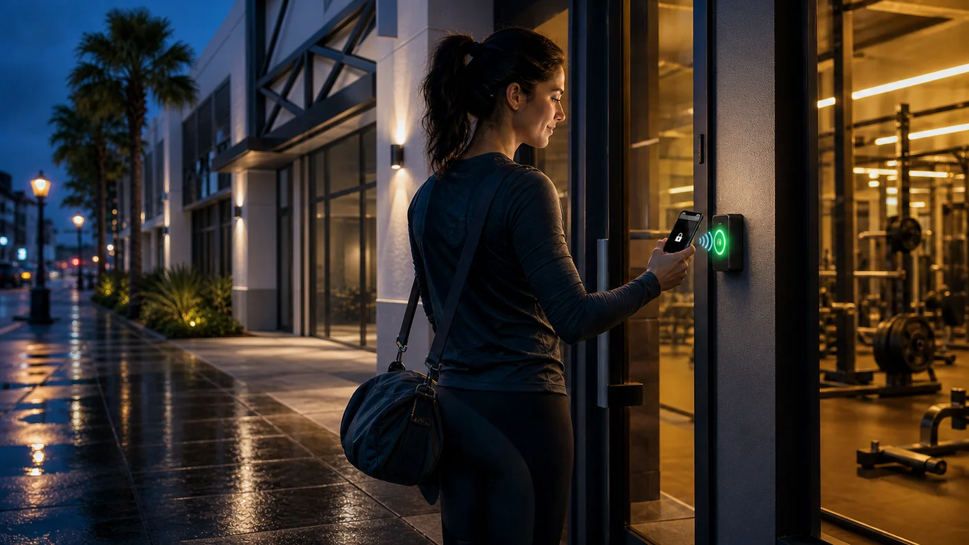 Reference image of a member tapping their phone to unlock a gym door at night, the lit training
                  floor visible through the glass behind them.