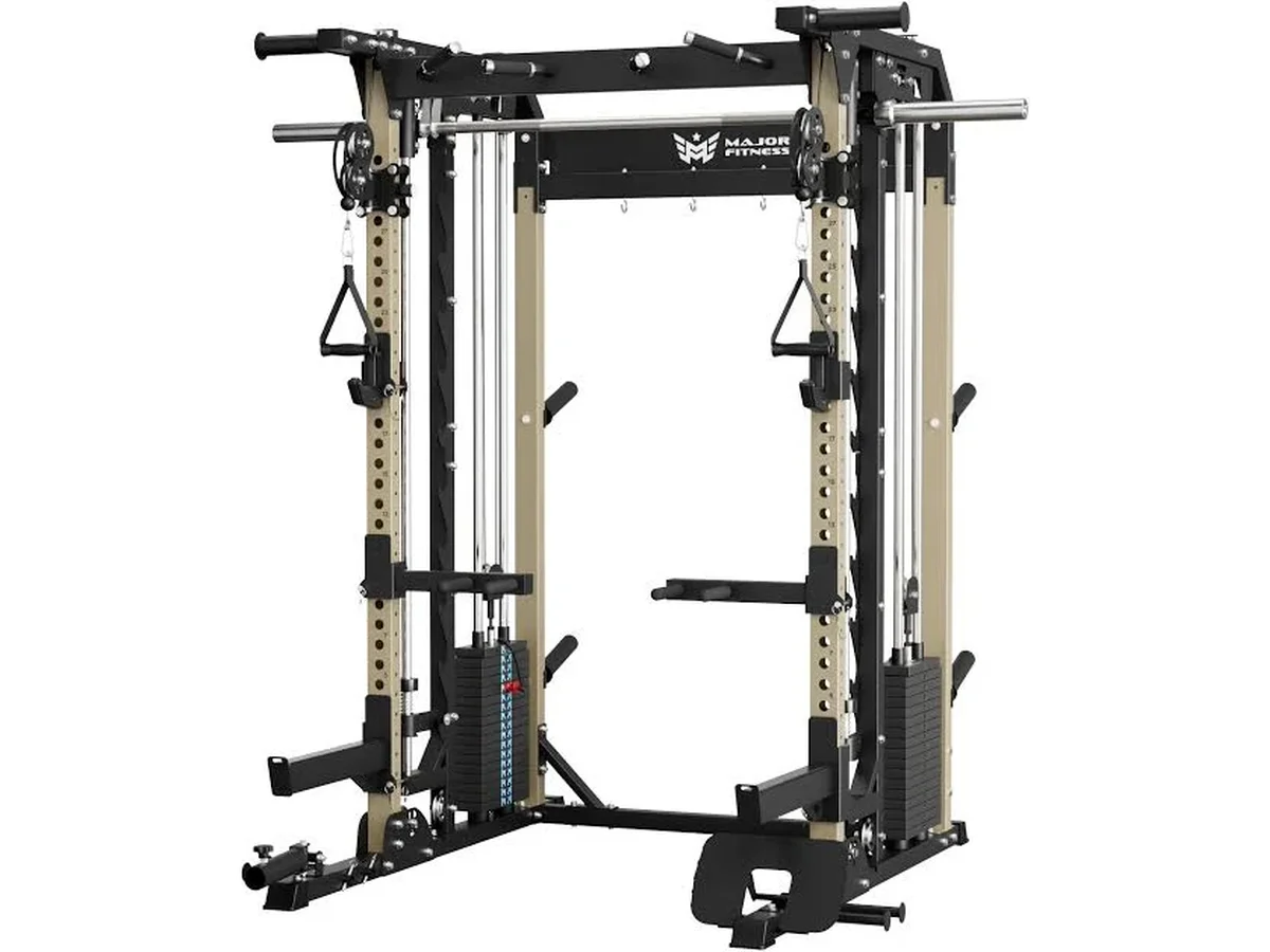 Manufacturer reference photo of a Smith machine and functional trainer combo rig.